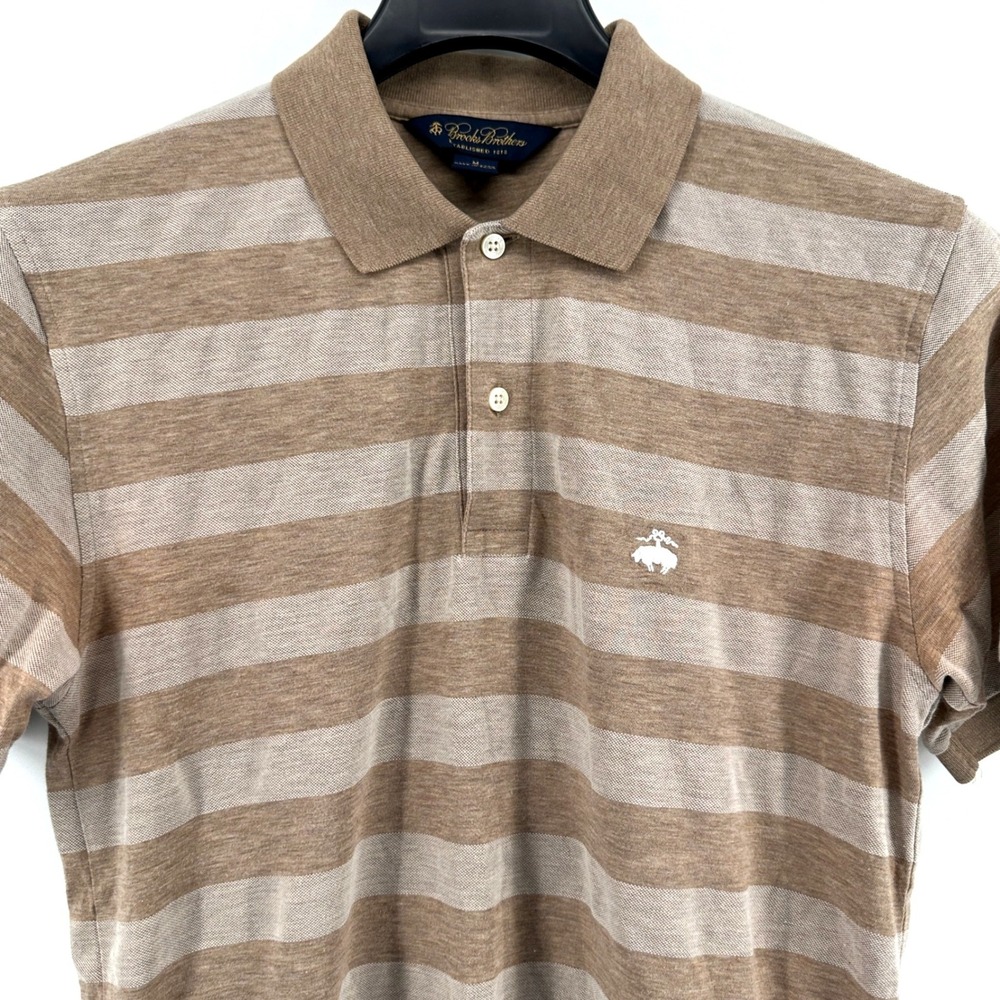 Brooks Brothers Polo Shirt Mens Medium Brown Tan Striped Regular Fit Modern Logo